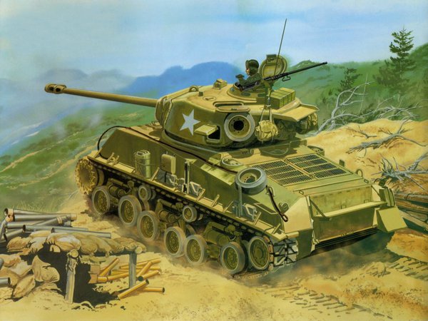 1950—1953гг., A3E8, M4, Sherman, арт, артиллерийской, в, используется, качестве, Корейская война, по, позициям., северокорейским, средний, стрельбы, танк