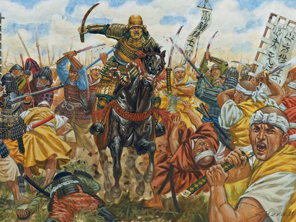 12 июня 1560 года, аркебуза, арт, битва при Окэхадзаме, военные, войны, всадник, доспехи, копья, костюмы (ёрои), лошадь, мечи, панцири, рисунок, самурайские, феодальная, шлемы, япония