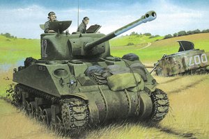 Обои на рабочий стол: M4A1(76)W американский, ww2, арт, поле, рисунок, с 76-мм орудием «Шерман», танк, танкисты