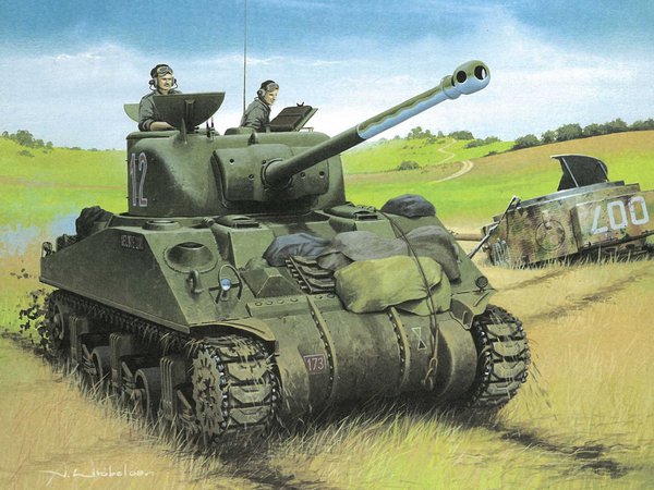 M4A1(76)W американский, ww2, арт, поле, рисунок, с 76-мм орудием «Шерман», танк, танкисты