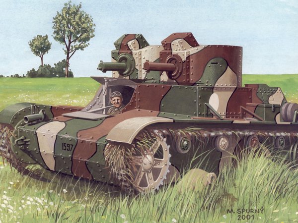 1930-х годов, 7, 7TP, 92-мм пулемётами, Ckm wz.30, арт, вооружён, двумя, двухбашенный, легкий, механик-водитель, поле, польский, рисунок, танк, трава, учения
