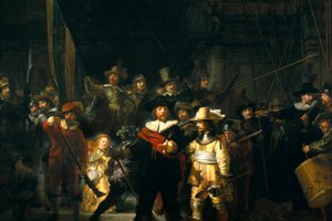 Обои на рабочий стол: Nachtwacht, Rembrandt Harmenszoon van Rijn, барабаны, женщина, искусство, картина, люди, народ, Ночной дозор, оружие, пики, Рембрандт Харменс ван Рейн, ружья, солдаты, столпотворение, толпа
