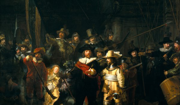 Обои на рабочий стол: Nachtwacht, Rembrandt Harmenszoon van Rijn, барабаны, женщина, искусство, картина, люди, народ, Ночной дозор, оружие, пики, Рембрандт Харменс ван Рейн, ружья, солдаты, столпотворение, толпа