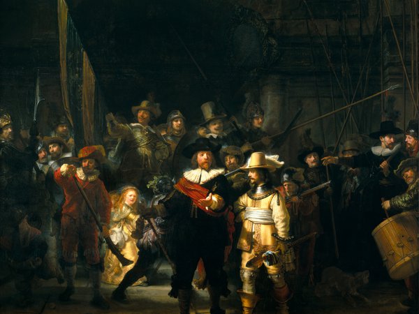 Nachtwacht, Rembrandt Harmenszoon van Rijn, барабаны, женщина, искусство, картина, люди, народ, Ночной дозор, оружие, пики, Рембрандт Харменс ван Рейн, ружья, солдаты, столпотворение, толпа