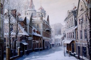 Обои на рабочий стол: Александр Стародубов, город, деревья, дома, дорога, живопись, зима, картина, снег, фонарь