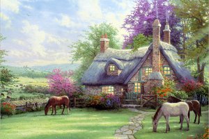 Обои на рабочий стол: A Perfect Summer Day, horse, house, painting, thomas kinkade, дом, живопись, кони, природа, томас кинкейд