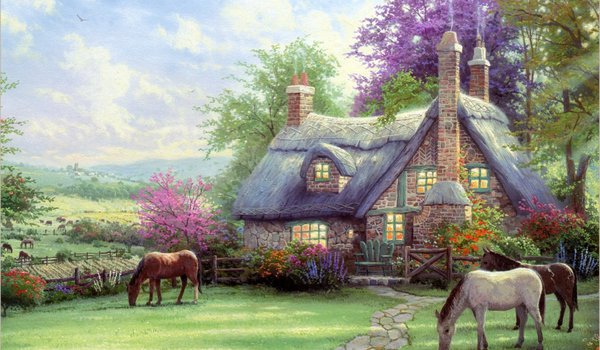 Обои на рабочий стол: A Perfect Summer Day, horse, house, painting, thomas kinkade, дом, живопись, кони, природа, томас кинкейд