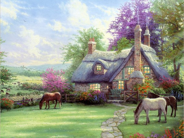 A Perfect Summer Day, horse, house, painting, thomas kinkade, дом, живопись, кони, природа, томас кинкейд