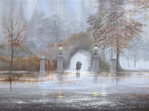 Jeff Rowland, арка, двое, дождь, картина, осень, парк, фонари