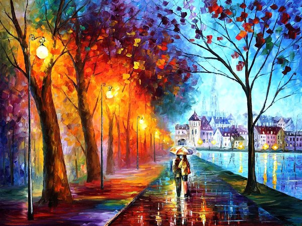 leonid afremov, арт, город, деревья, дождь, дома, зонт, зонтик, пара, парк, парочка, река, фонари