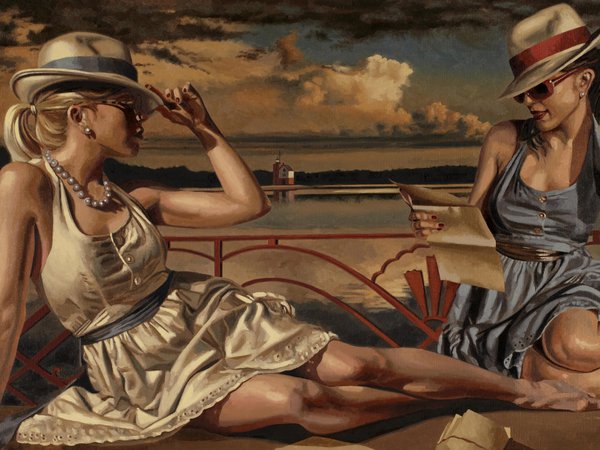Peregrine Heathcote, девушки, картина, лето, отдых, очки, платья, рисунок, шляпы