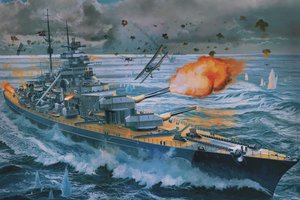 Обои на рабочий стол: Bismarck, битва, корабль, Крейсер, Линкор, море, небо, рисунок, самолёт, стрельба