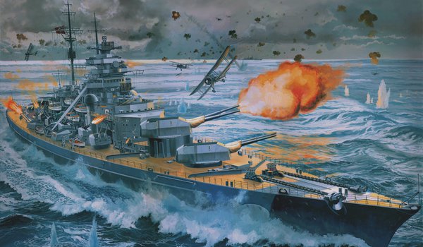 Обои на рабочий стол: Bismarck, битва, корабль, Крейсер, Линкор, море, небо, рисунок, самолёт, стрельба