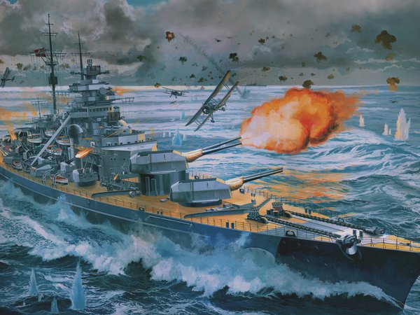 Bismarck, битва, корабль, Крейсер, Линкор, море, небо, рисунок, самолёт, стрельба