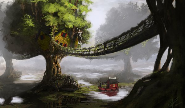 Обои на рабочий стол: арт, деревья, дома, кораблик, корабль, мост, пейзаж, река, хижины