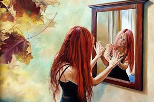 Обои на рабочий стол: Wlodzimierz Kuklinski, девушка, зеркало, листья, отражение