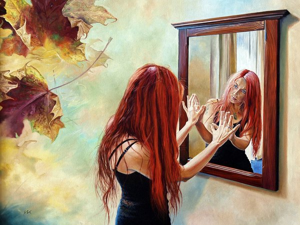 Wlodzimierz Kuklinski, девушка, зеркало, листья, отражение