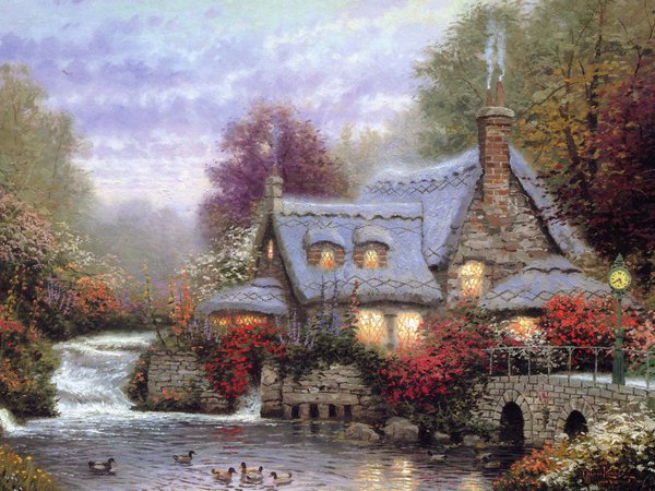 The Miller`s Cottage, thomas kinkade, вечер, домик, дымок, кинкейд, коттедж, мостик, река, тепло, утки, уют, цветы