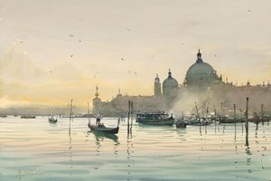 Обои на рабочий стол: Joseph Zbukvic, акварель, венеция, вода, гондола, город, италия, лодки, птицы, утро