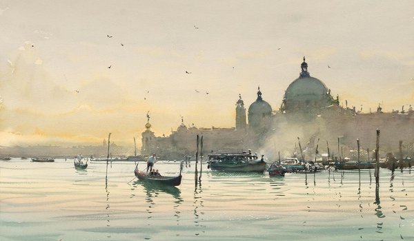 Обои на рабочий стол: Joseph Zbukvic, акварель, венеция, вода, гондола, город, италия, лодки, птицы, утро