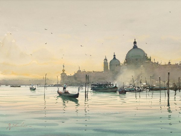 Joseph Zbukvic, акварель, венеция, вода, гондола, город, италия, лодки, птицы, утро
