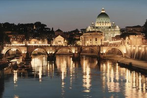 Обои на рабочий стол: Glory of San Pietro, Rod Chase, базилика, город, искусство, италия, мост, огни, река, рим, Собор Святого Петра, Тибр