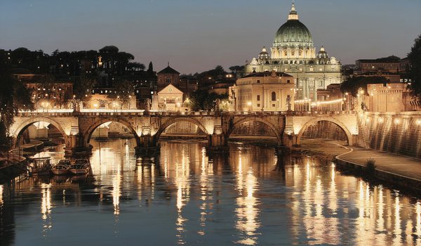 Обои на рабочий стол: Glory of San Pietro, Rod Chase, базилика, город, искусство, италия, мост, огни, река, рим, Собор Святого Петра, Тибр