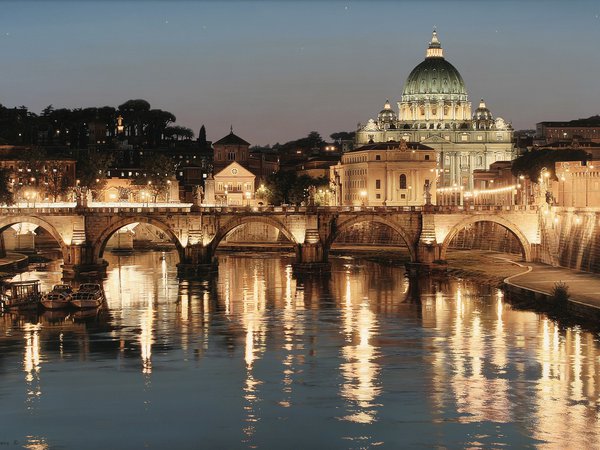 Glory of San Pietro, Rod Chase, базилика, город, искусство, италия, мост, огни, река, рим, Собор Святого Петра, Тибр