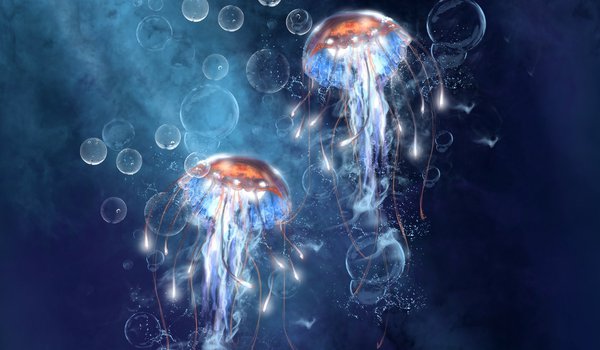 Обои на рабочий стол: арт, медузы, море, под водой, пузыри, пузырьки