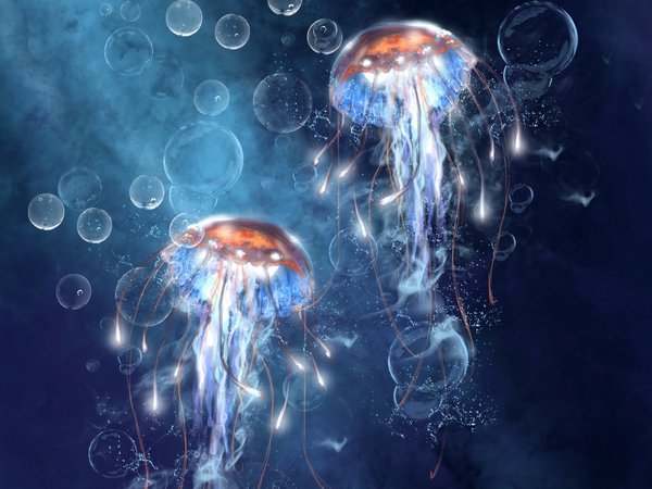 арт, медузы, море, под водой, пузыри, пузырьки