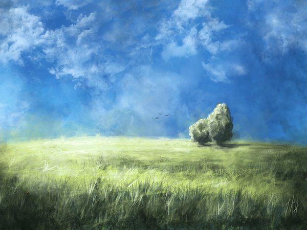арт, деревья, небо, облака, поле, природа, птицы, трава