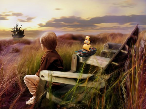 арт, игрушка, корабль, кресло, мальчик, море, парусник, ребёнок, трава