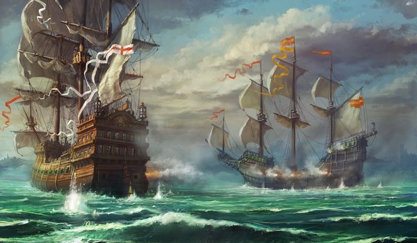 Обои на рабочий стол: арт, битва, корабли, море, облака, парусник, пушки, стрельба, тучи