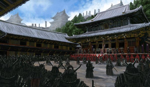 Обои на рабочий стол: азия, армия, арт, броня, воин, двор, люди, оружие, самурай, тренировка, храм
