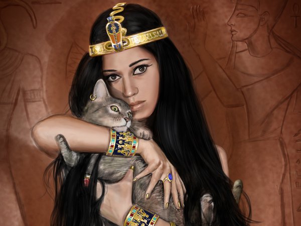 арт, девушка, египет, египтянка, кошка, украшения, царица