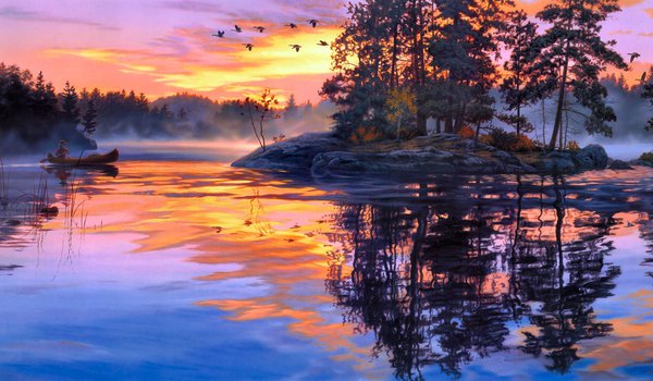 Обои на рабочий стол: Darrell Bush, Lure of the Wilderness, живопись, лес, лодка, озеро, остров, рассвет, река, туман, утки, утро