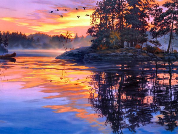 Darrell Bush, Lure of the Wilderness, живопись, лес, лодка, озеро, остров, рассвет, река, туман, утки, утро
