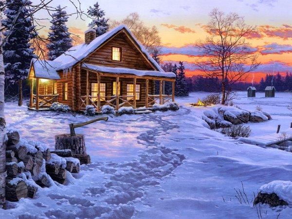Darrell Bush, Winter Bliss, береза, вечер, дом, дрова, ель, живопись, зима, костер, нега, огонь, снег, топор, хижина