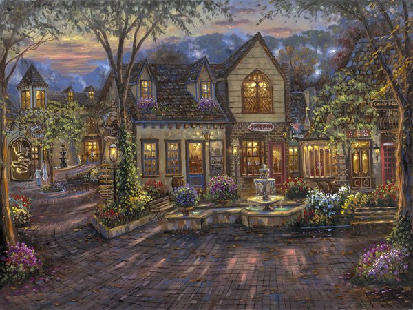 Robert Finale, The Village, вечер, дома, живопись, кафе, лавка, скамья, фонтан, цветы