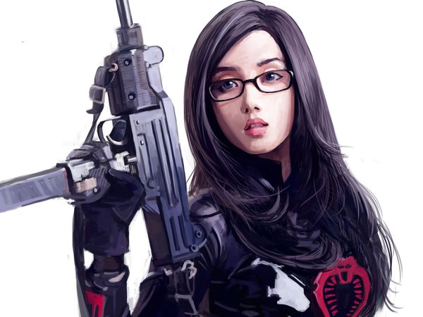 Dtoxin, азиатка, арт, белый фон, девушка, оружие, очки