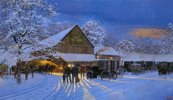Обои на рабочий стол: County Auction, Dave Barnhouse, The Gathering Place, аукцион, вечер, живопись, зима, кони, повозки, снег