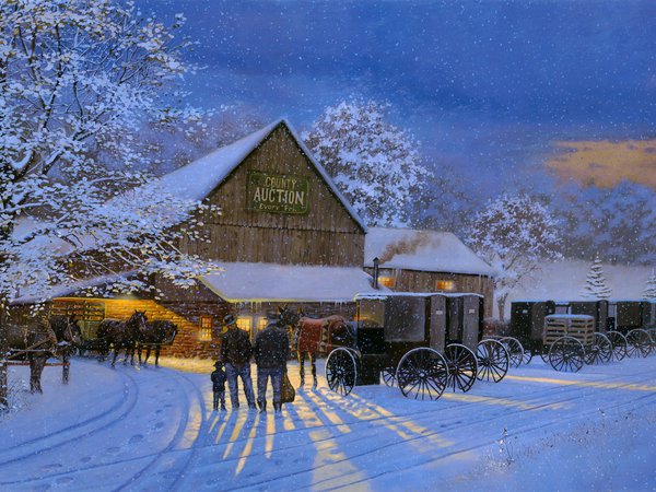 County Auction, Dave Barnhouse, The Gathering Place, аукцион, вечер, живопись, зима, кони, повозки, снег