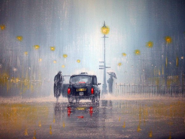 Jeff Rowland, дождь, зонт, машина, свет, фары, фонари, человек
