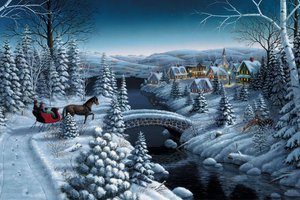 Обои на рабочий стол: Mark Daehlin, Peace on Earth, вечер, деревня, дома, елка, елки, ель, живопись, звезды, зима, лошадь, мост, новый год, повозка, река, рождество, сани, снег