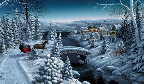 Обои на рабочий стол: Mark Daehlin, Peace on Earth, вечер, деревня, дома, елка, елки, ель, живопись, звезды, зима, лошадь, мост, новый год, повозка, река, рождество, сани, снег