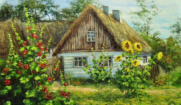 Обои на рабочий стол: деревня, дом, зелень, лето, село, цветы