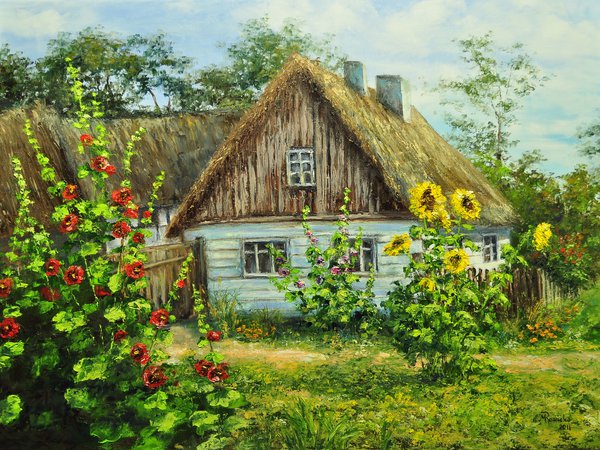 деревня, дом, зелень, лето, село, цветы
