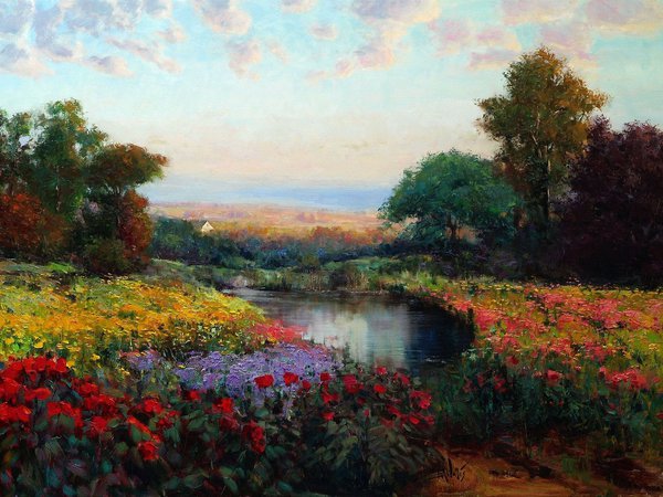 Eric Wallis, арт, деревья, картина, луг, масло, небо, озеро, пейзаж, цветы
