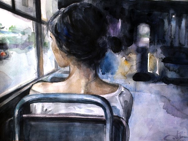 автобус, арт, девушка, одиночество