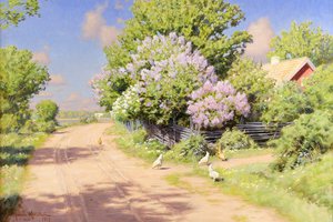 Обои на рабочий стол: Johan Krouthen, деревня, дом, дорога, забор, картина, крыши, куры, кусты, пейзаж, плетень, сирень, тень, цветы